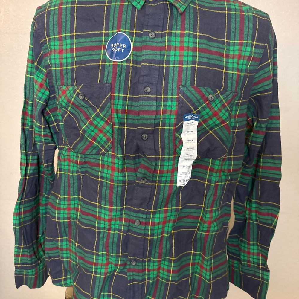 Arizona Jean Co. Flannel Green, Red, and Yellow Plaid Shirt Size M